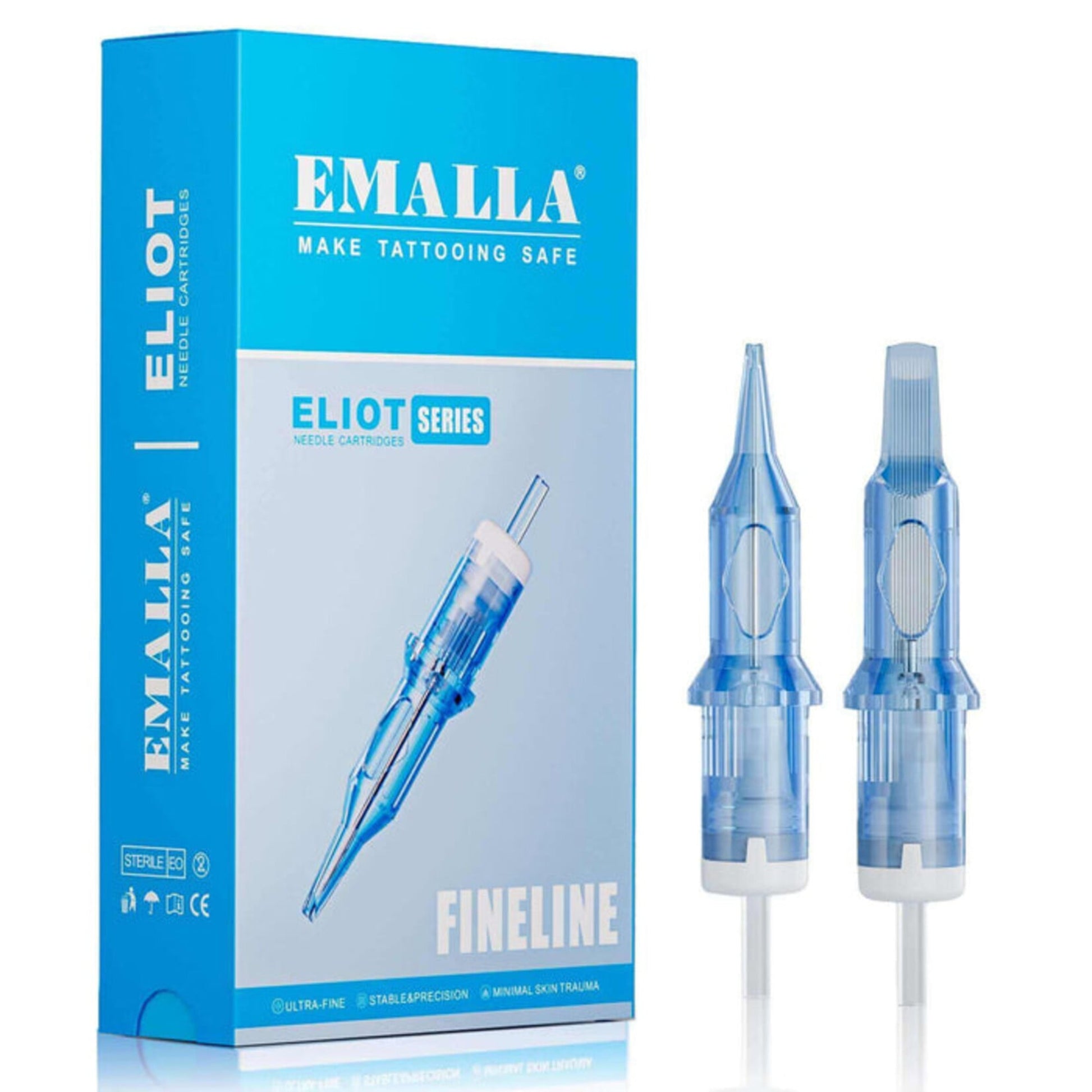 EMALLA Eliot Series Fineline needle cartridge packaging box shown next to two transparent blue needle cartridges on a clean white background.