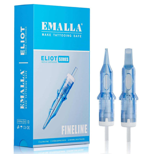 EMALLA Eliot Series Fineline needle cartridge packaging box shown next to two transparent blue needle cartridges on a clean white background.